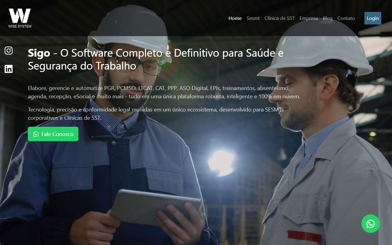 Página inicial do site da Wise System