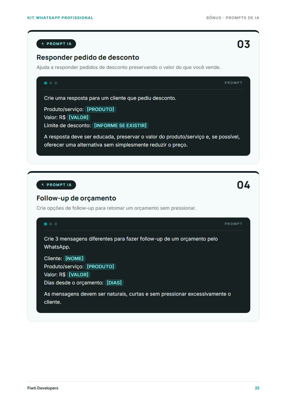Página do PDF com prompts de inteligência artificial para atendimento no WhatsApp